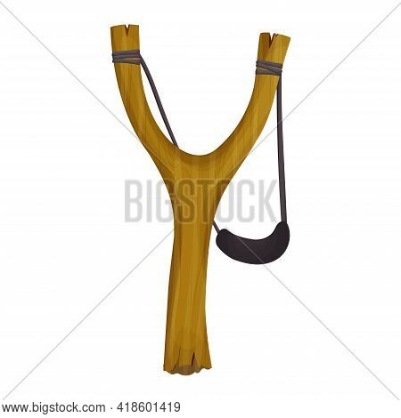 Wooden Slingshot In Cartoon Flat Style Isolated On White Background. Danger Homemade Weapon, Simple 