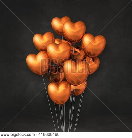Copper Heart Shape Balloons Bunch On A Black Wall Background. 3d Illustration Render