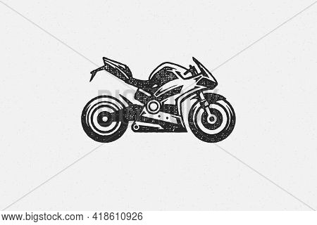 Sport Superbike Motorcycle Silhouette Side View Hand Drawn Ink Stamp Vector Illustration.