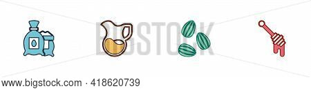 Set Pack Full Of Seeds Of Plant, Jug Glass With Milk, Seeds And Honey Dipper Stick Icon. Vector