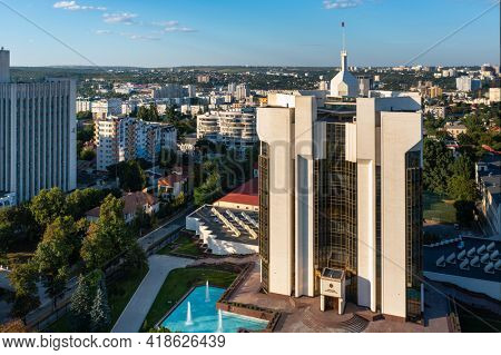 Chisinau, Moldova, August 2020: Aerial drone view of Presidential Palace and Ministry of Agriculture and Food Industry buildings in the center of capital city