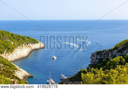 Vis, Vis Island, Croatia - September 5, 2019: Aerial View On Stiniva Beach, Adriatic Sea Bay