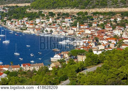 Vis, Vis Island, Croatia - September 5, 2019 : Aerial View On Town, Typical Mediterranean Architectu