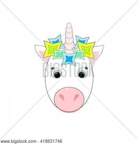Cartoon Cute Blue-eyed Unicorn With Pink Horn And Colored Decoration