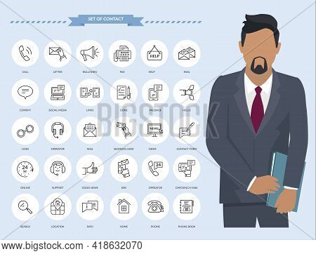 Communication Thin Line Icons. Businessman With Set Of Contact And Payment Icons, Connection Methods