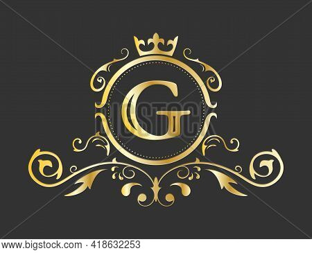 Golden Stylized Letter G Of The Latin Alphabet. Monogram Template With Ornament And Crown For Design