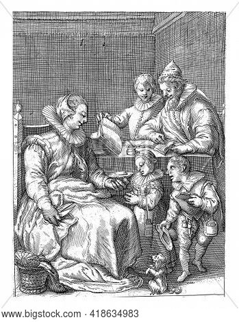 In a room, a mother sits on a chair, a sewing basket on the floor next to her, scissors in her right hand.