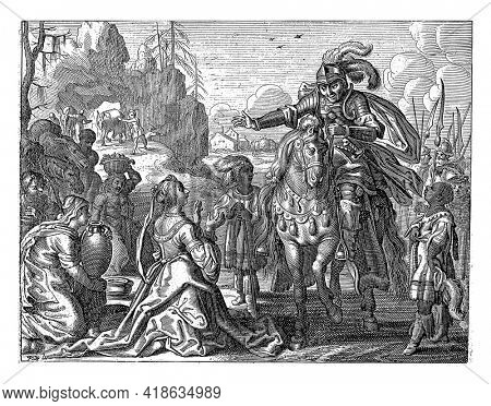 Abigail kneels before David, whom she is to marry. Her maidservants bring fruit and bread for David and his supporters into the desert.