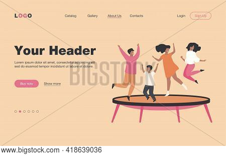 Happy Friends Jumping On Trampoline Flat Vector Illustration. Cartoon People Having Fun And Bouncing