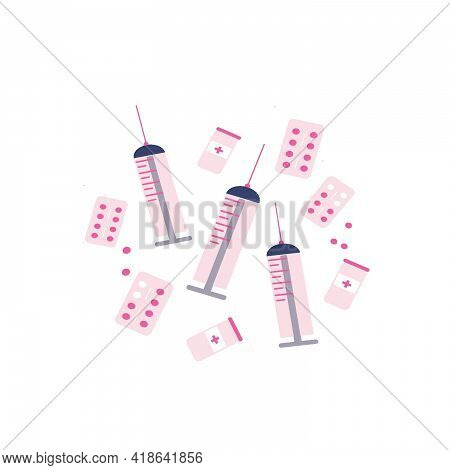 Medical Set. Syringe, Pills, Medicine, Vaccine. Cute Pink Medical Kit Isolated On White Background.