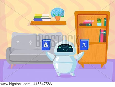 Cute Cartoon Chatbot Teaching Foreign Languages, Translating. Flat Vector Illustration. Friendly Bot