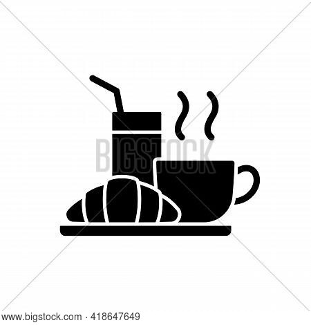Breakfast Black Glyph Icon. Light Morning Meal Consisting Of Pastries And Baked Goods, Fruits And Co