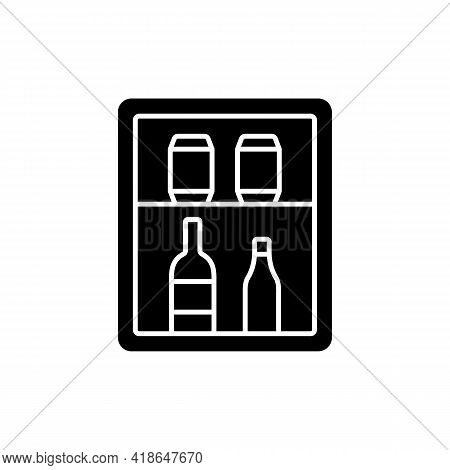 Mini Bar Black Glyph Icon. Small Refrigerator In Hotel Room Or Cruise Ship Stateroom. Guest Is Charg