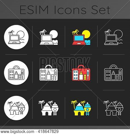 Nomadic Lifestyle Dark Theme Icons Set. Digital Nomad. Tropical Resort. First Aid Kit. Tourists Road