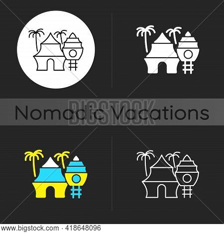 Nomadic Resort Dark Theme Icon. Hotel In Tropical Area. Hostel On Beach. Nomadic Lifestyle. Camping 
