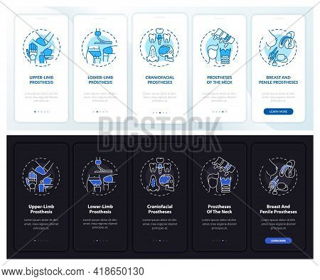 Prostheses Kinds Onboarding Mobile App Page Screen With Concepts. Craniofacial Prosthesis Walkthroug