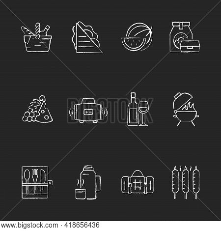 Picnic Chalk White Icons Set On Black Background. Heaving Picnic Hamper. Ham And Cheese Sandwich. Wa