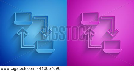 Paper Cut Online Working Icon Isolated On Blue And Purple Background. Freelancer Man Working On Lapt