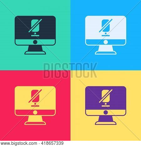 Pop Art Mute Microphone On Computer Icon Isolated On Color Background. Microphone Audio Muted. Vecto