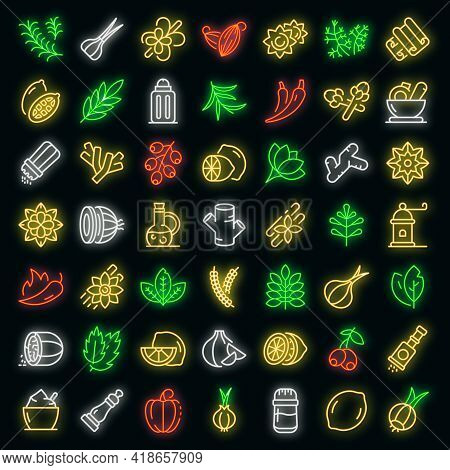 Condiment Icons Set. Outline Set Of Condiment Vector Icons Neon Color On Black