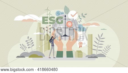 Esg As Environmental Social Governance Business Model Tiny Person Concept. Sustainable And Green Com