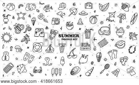 A Big Vector Doodle Summer Set. Hand Draw Accessories For Beach Holidays By The Sea. Flat Design Ill