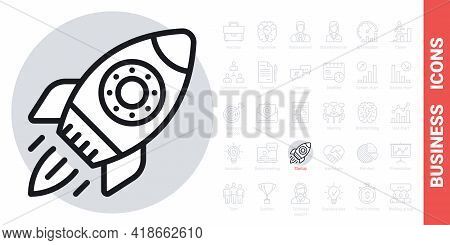 Startup Or Start-up Launch Icon. A Rocket With A Jet Engine Takes Off From The Cosmodrome. Simple Bl