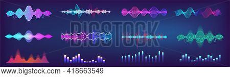 Sound Waves Equalizer Colorful Collection. Futuristic Set In Hud Style - Music Waves, Frequency Audi