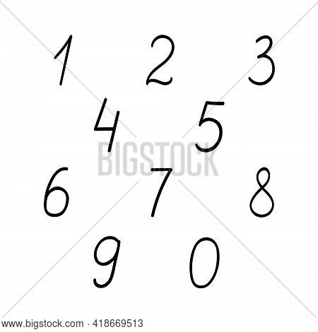 Small Hand Drawn Black Numbers Fron One To Zero In Doodle Style Outline Vector Illustration, Calligr
