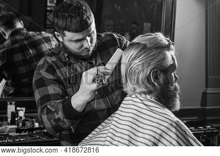 Barber Hairstyle Barbershop. Hipster Getting Haircut. Sharp Object Near Face And Squirming Distracts