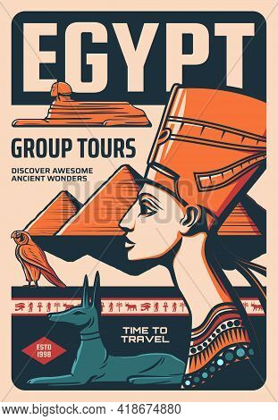 Egypt Group Tours Retro Vector Poster, Ancient Egyptian Culture Discover Vintage Card With Nefertiti