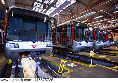 Prague, Czech Republic - September 17, 2011: Modernized subway trains 81-71M in Depot Hostivar on Open Doors Day in the Prague Public Transport Company.