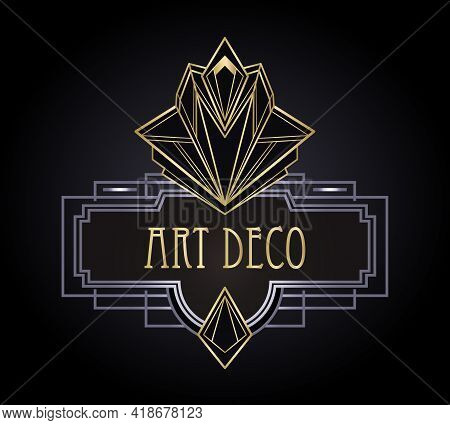 Art Deco Vintage Gold And Silver Design Element Over Black. Retro Party Geometric Background Set 192