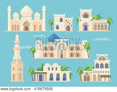 Cartoon Set Of Different Arabic Buildings In Traditional Style. Flat Vector Illustration. Islamic He