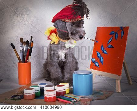 Artist Puppy Bedlington Paints A Picture With Flowers In A Creative Workshop