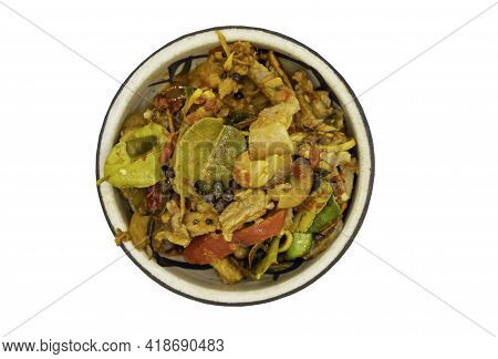 Stir Fried Spicy Wild Boar With Red Chili In White Bowl On Isolated On White Background With Clippin