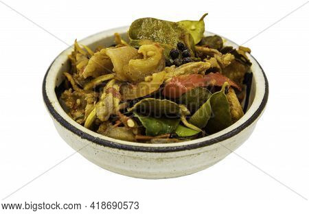 Stir Fried Spicy Wild Boar With Red Chili In White Bowl On Isolated On White Background With Clippin