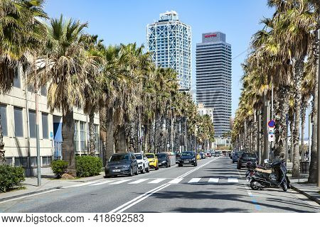 Spain, Barcelona, March, 2021: Urban Traffic On Barceloneta Is A Neighborhood In The Ciutat Vella Di