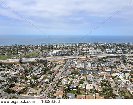 Aerial View Of Highway In Encinitas Town, In San Diego County, California. Usa