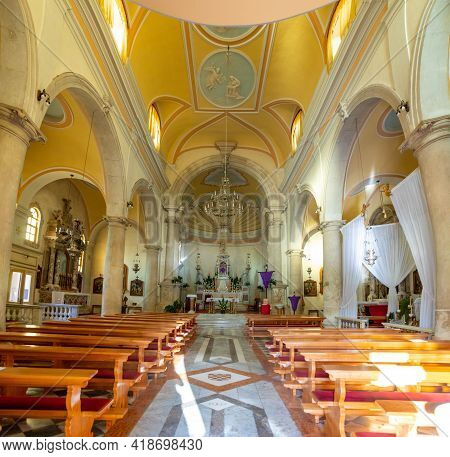 Milna, Croatia - 1.04.2021: Interior Of Historic Church In Milna On Brac Island, Dalmatia, Croatia