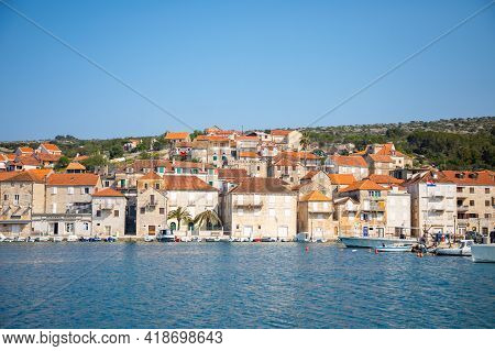 Milna, Croatia - 1.04.2021: Wiew From Water Of The City Of Milna, Croatia