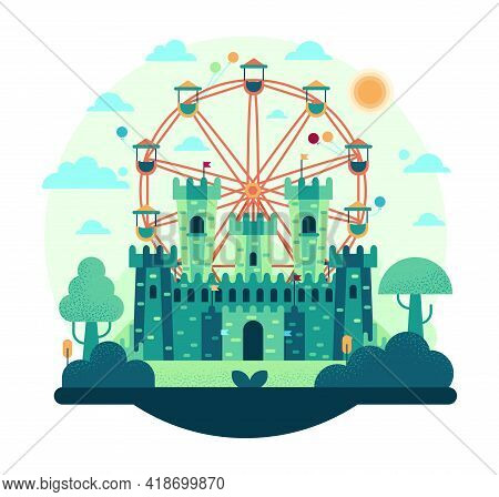 Ferris Wheel Spinning Flat Cartoon Vector Illustration - Amusement Park With Fairy Tale Castle