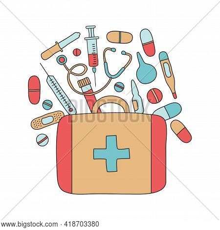 First Aid Kit With Drugs Vector Hand Drawn, Medical Box, Emergency Suitcase, Doctor Tools Isolated O