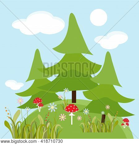 Fir Tree Forest With Flower Fly Agaric Mushroom Hill Art Design Stock Vector Illustration For Web, F