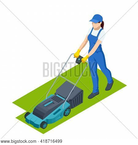 Agricultural Work. Woman Lawn Mower Grass Cutting Farmer Harvest In Garden . Lawn Mover On Green Gra