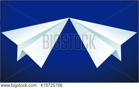 Two Paper Planes Touching Nose On Abstract Blue Background