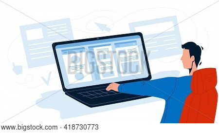 Application Development Programmer Work Vector. Young Man Working On Laptop And App Development, Pro