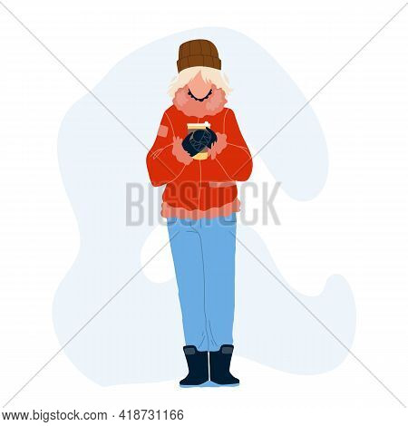 Hot Drink Drinking Woman In Winter Day Vector. Young Girl Wearing Warm Season Clothes Holding Hot Dr