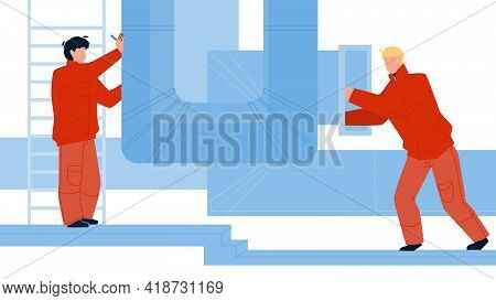Hvac Ventilation Installation Or Repair Men Vector. Workers Check Ventilation, Pipes Air Conditionin