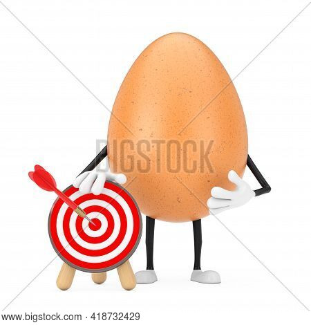Brown Chicken Egg Person Character Mascot With  Archery Target And Dart In Center On A White Backgro